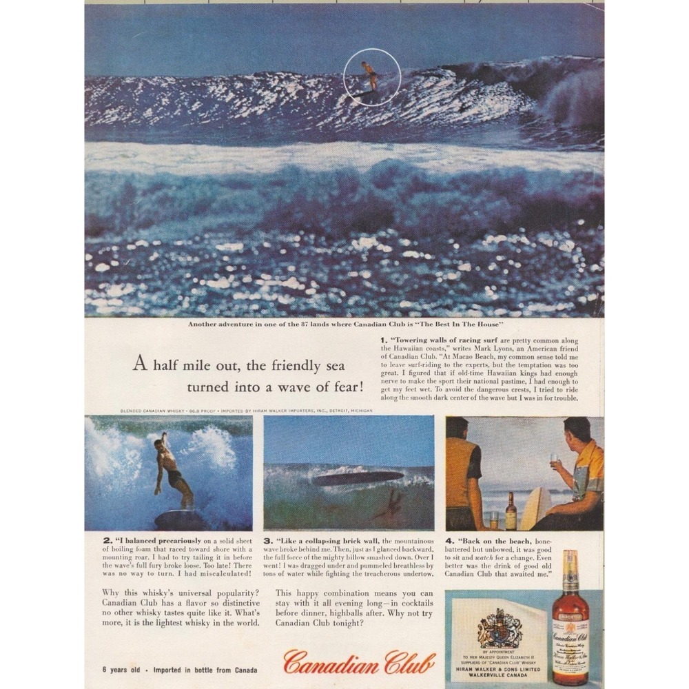 1961 Canadian Club Vintage Print Ad Surfing Hawaiian Big Wave Whiskey Bar Decor